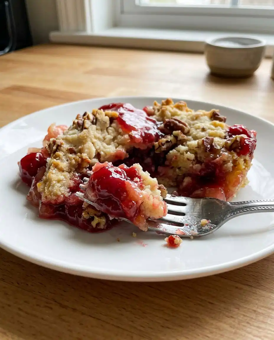 A scoop of cherry dump cake served with vanilla ice cream