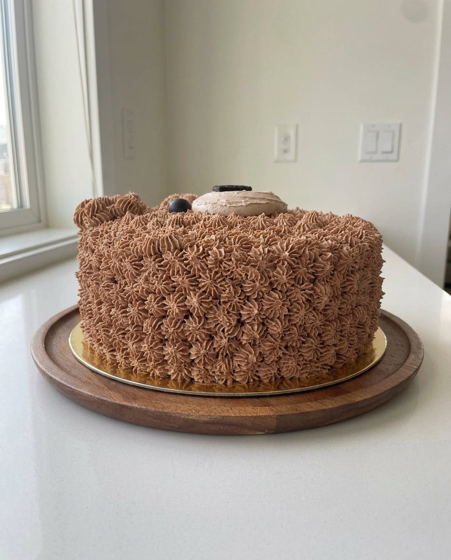 Ingredients for the bear cake including chocolate frosting, cookies, and baked cake components.