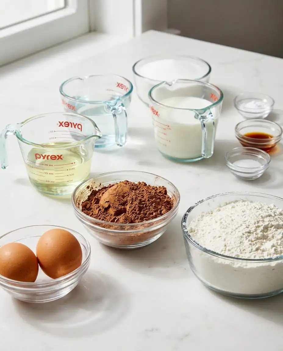 Homemade Chocolate Cake 12 Baking ingredients for chocolate cake including cocoa powder, flour, and oil arranged on a kitchen counter.