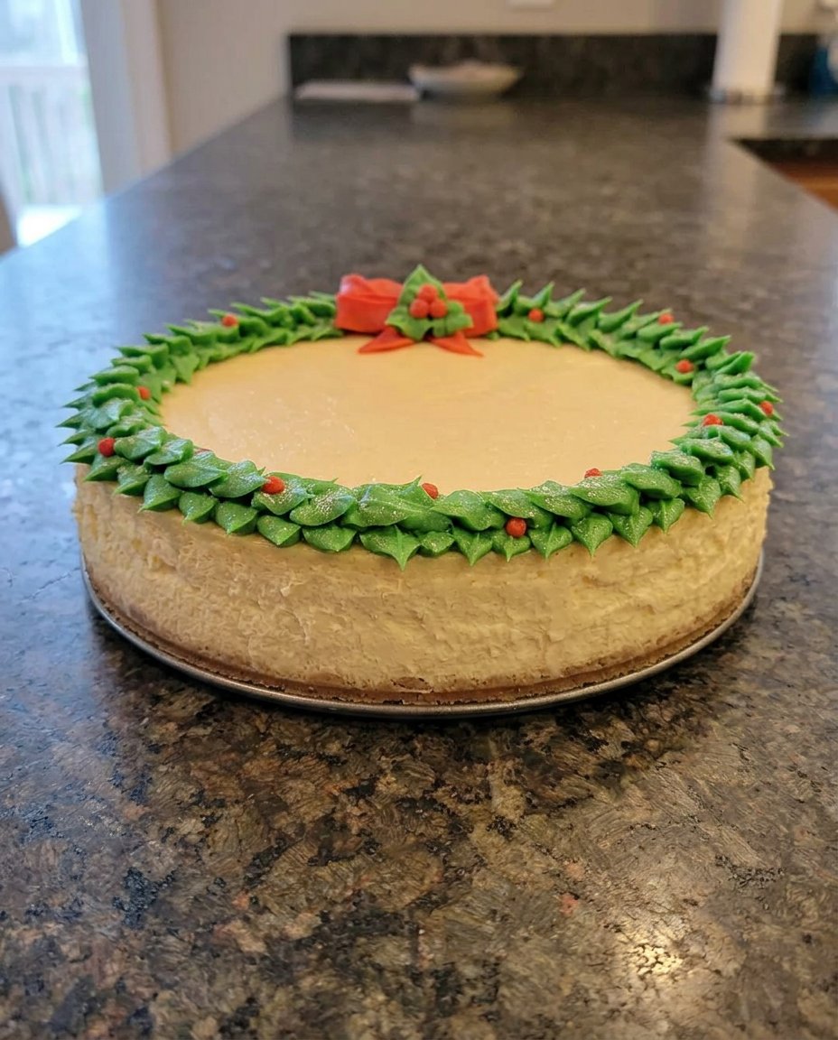 A slice of Christmas themed cake on a white plate next to a cup of tea