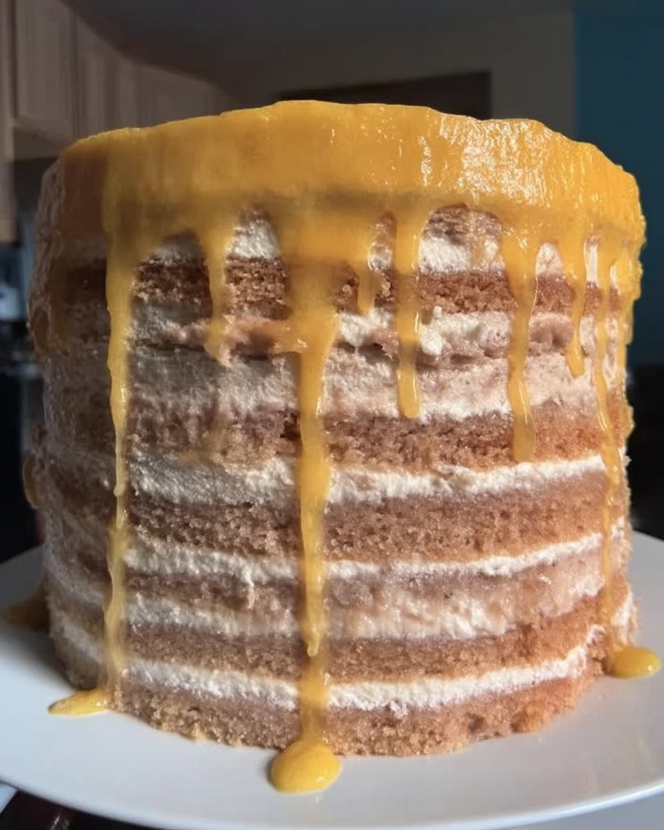 A three-layered citrus cake with yellow orange and green layers filled with lemon custard