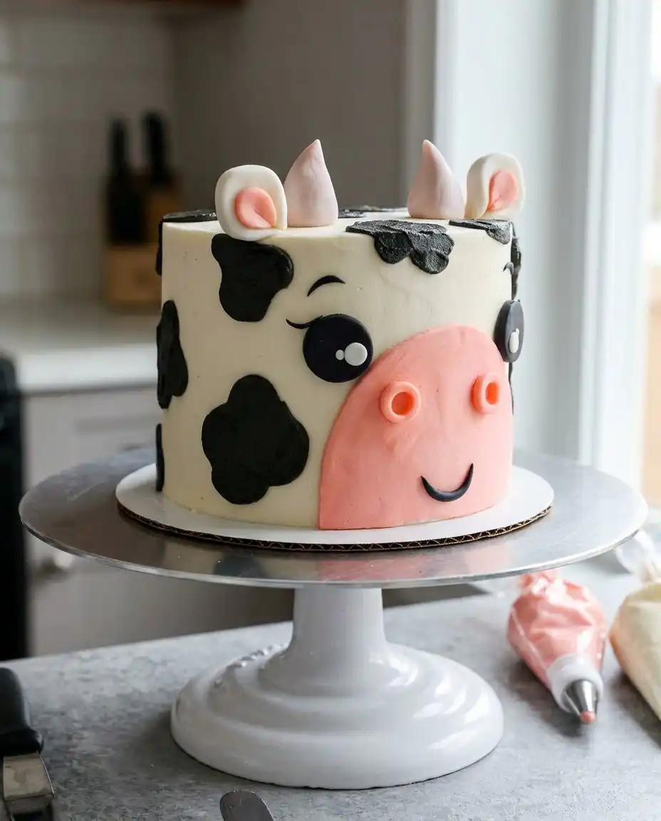 A slice of cow cake showing the internal marble pattern