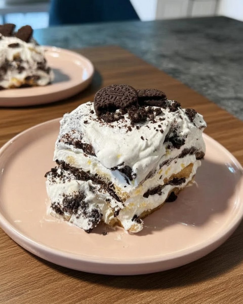 A single clean slice of Oreo Icebox Cake on a white plate