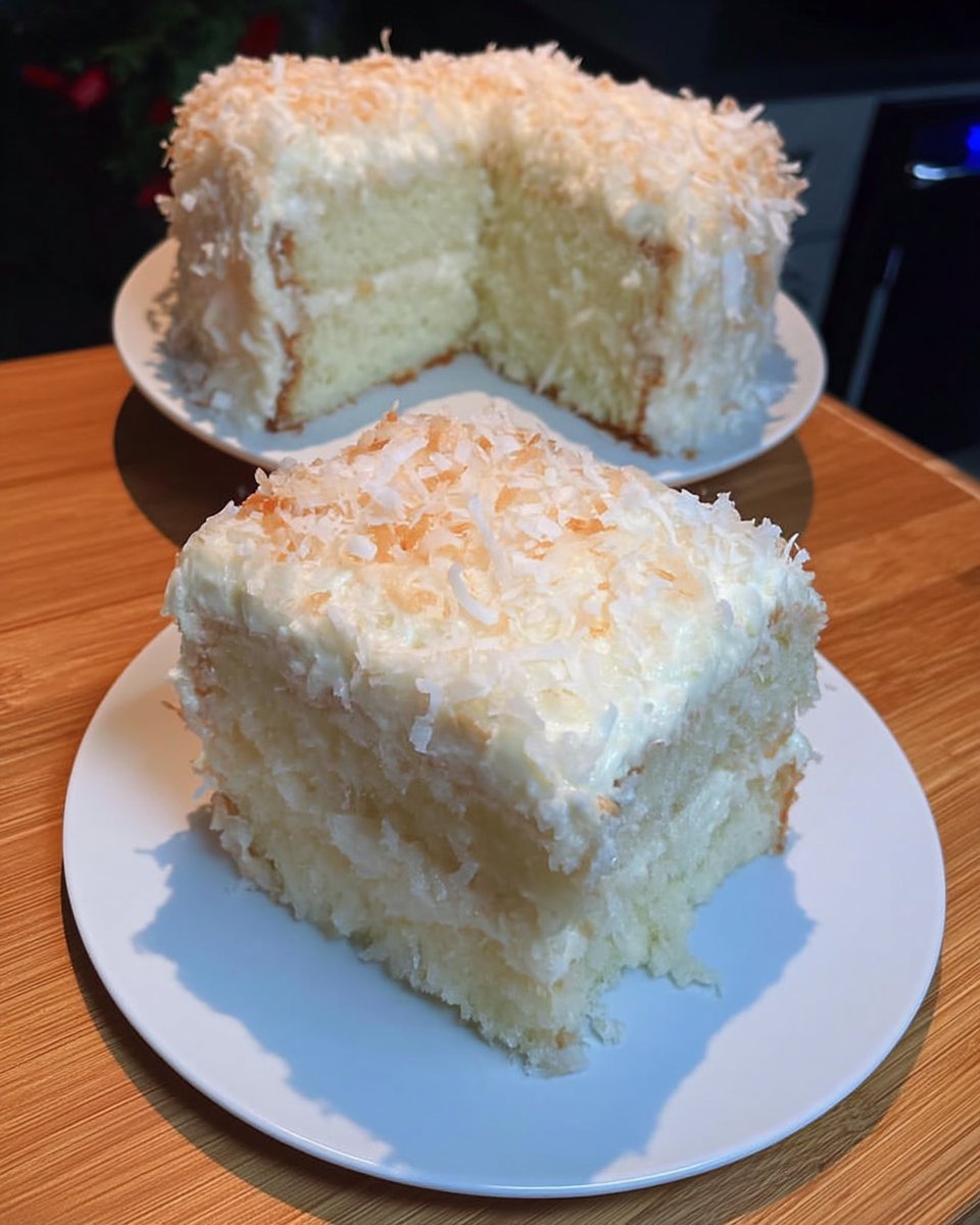 A three-layer coconut cake with white frosting and shredded coconut