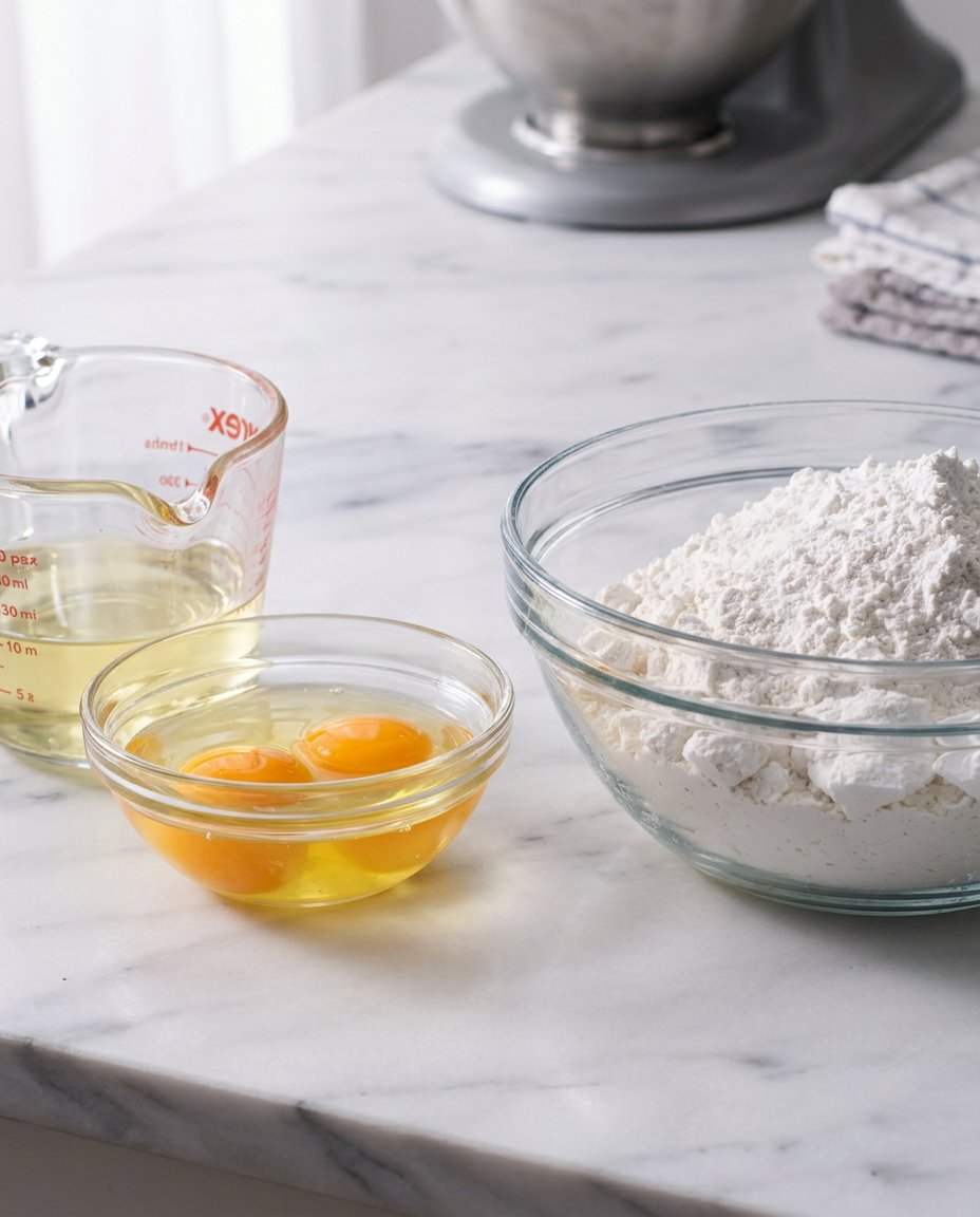 Cake mix cookies ingredients including oil and eggs arranged precisely