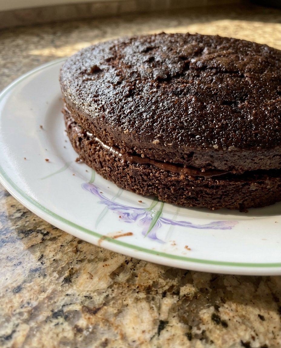 A close up shot of a moist slice of vegan chocolate cake with glossy frosting.