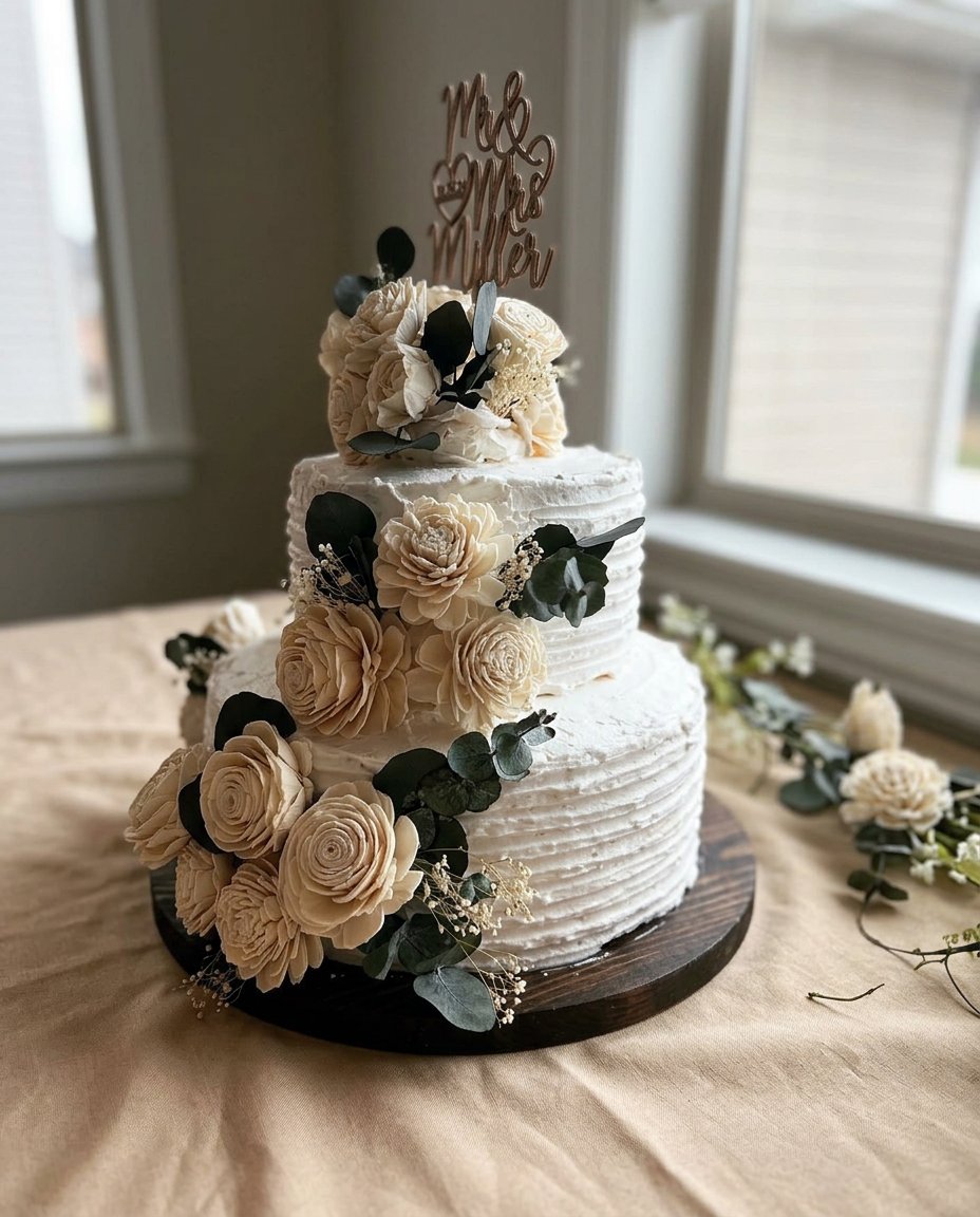 A white rectangular cake decorated with fresh colorful edible flowers on a wooden table.