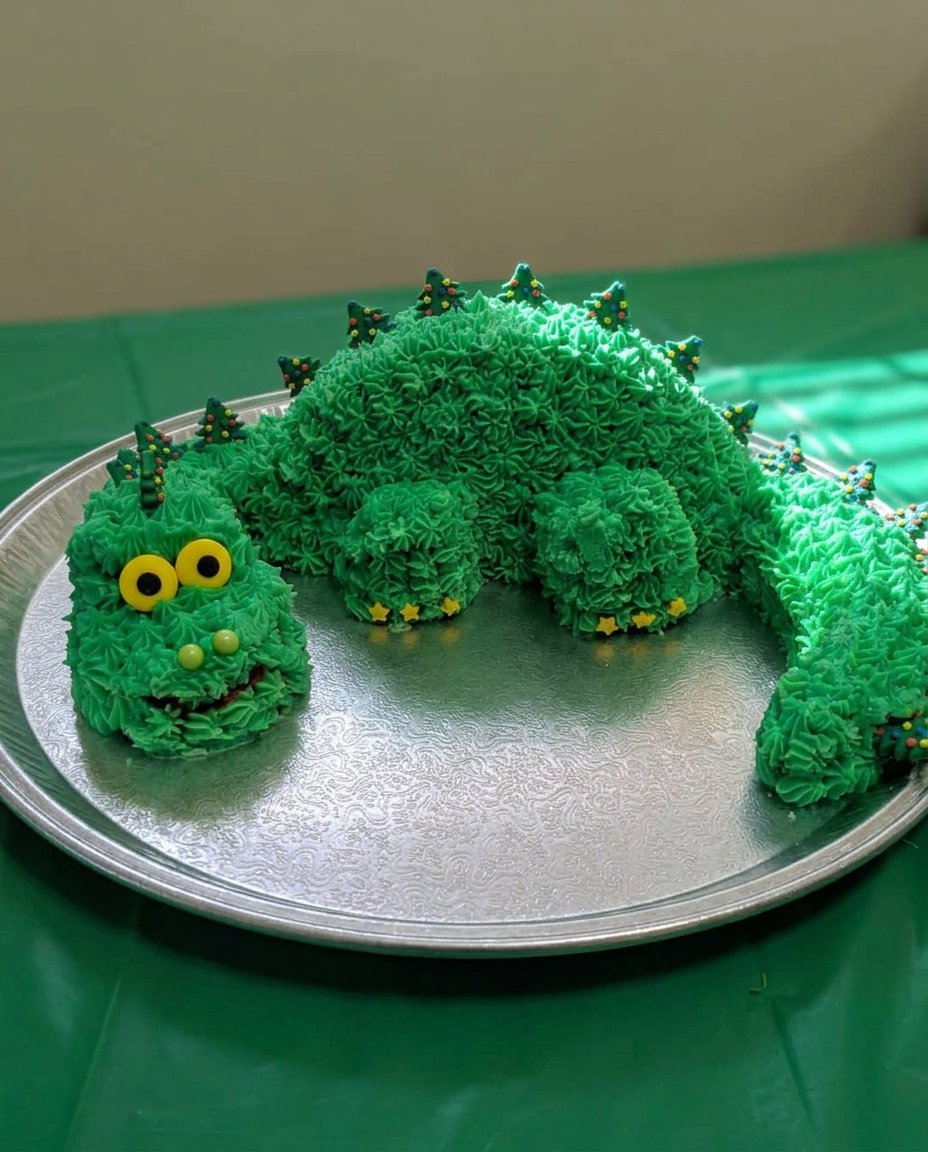 Dino cake with turquoise icing and dinosaur figurines on top