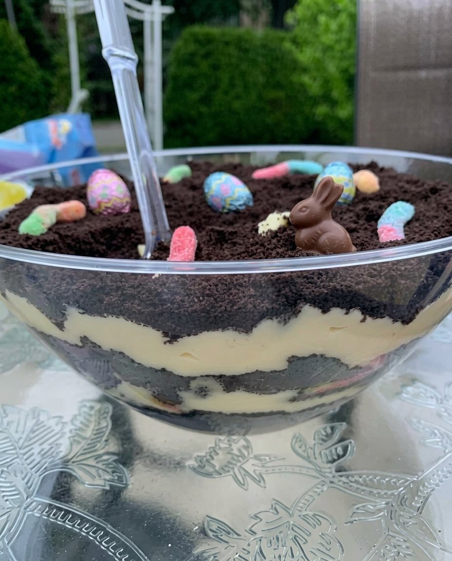 Easter dirt cake topped with blue and yellow Peep bunnies and candy eggs
