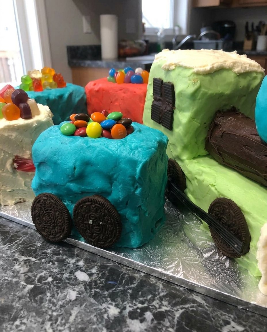 A golden brown baked train cake showing detailed engine and cars