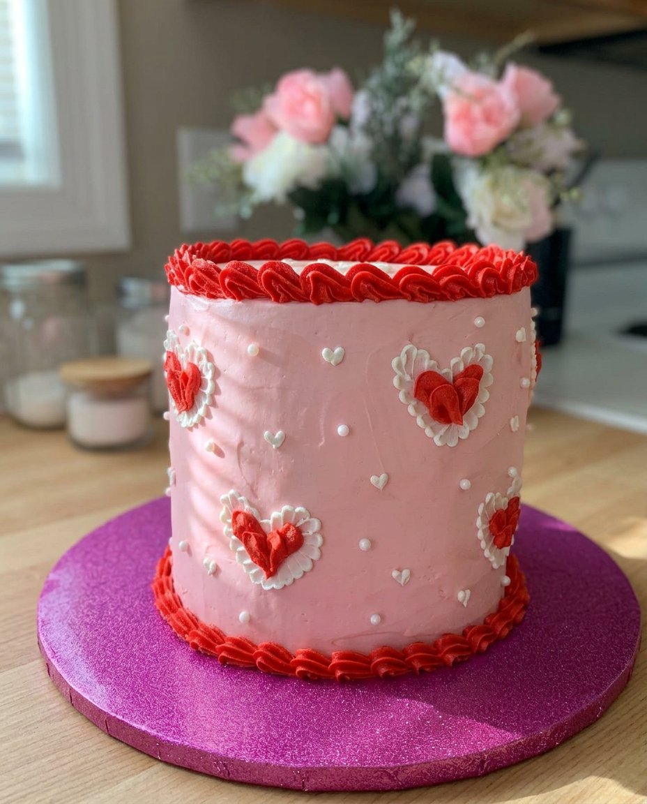 A sliced Valentines Day cake showing a pink and white marbled interior and white frosting
