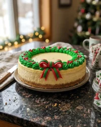 A moist Christmas themed cake sliced on a wooden board with festive decorations