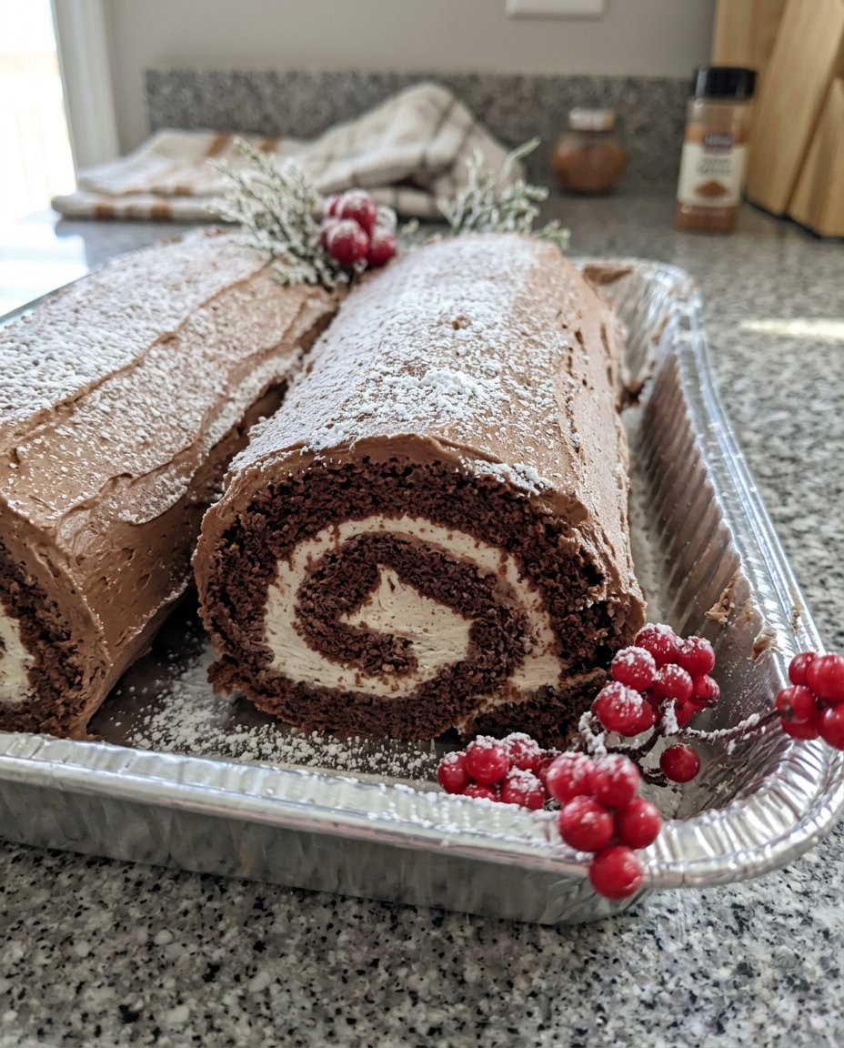 Yule Log Cake 14 Yule log cake decorated with powdered sugar on a platter