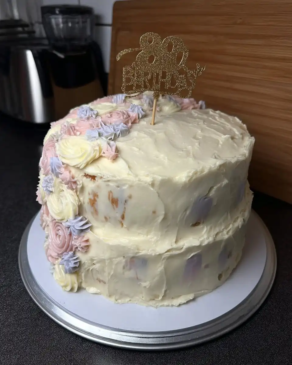 A slice of floral cake served on a plate with a cup of Turkish coffee and rose petals.
