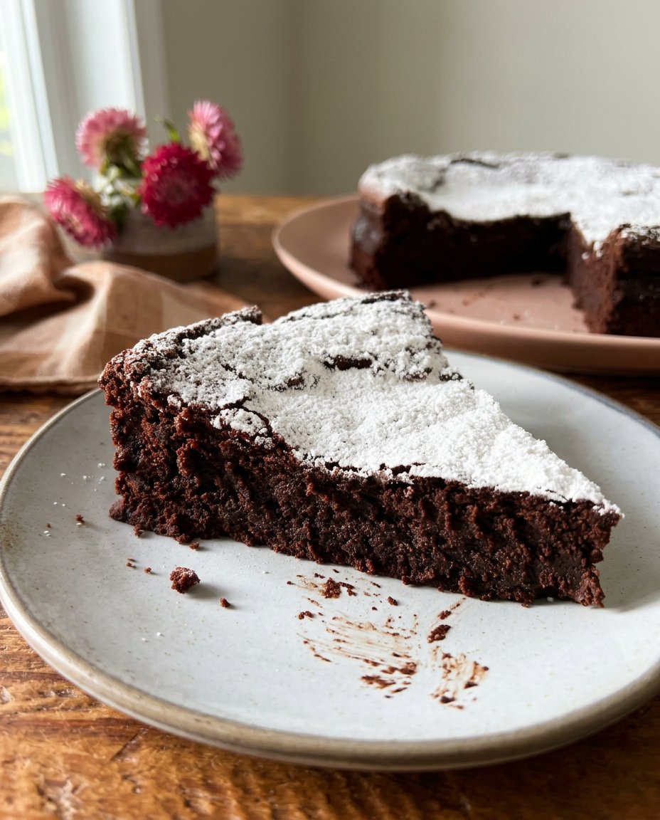 A close up of a sliced flourless chocolate cake showing the crackly top and fudgy interior
