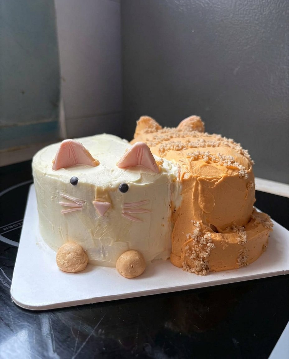 A slice of cat cake served on a plate with cream