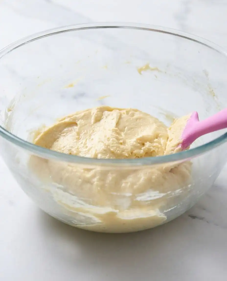 Hand folding diced apples into a thick pale yellow cake batter with a spatula