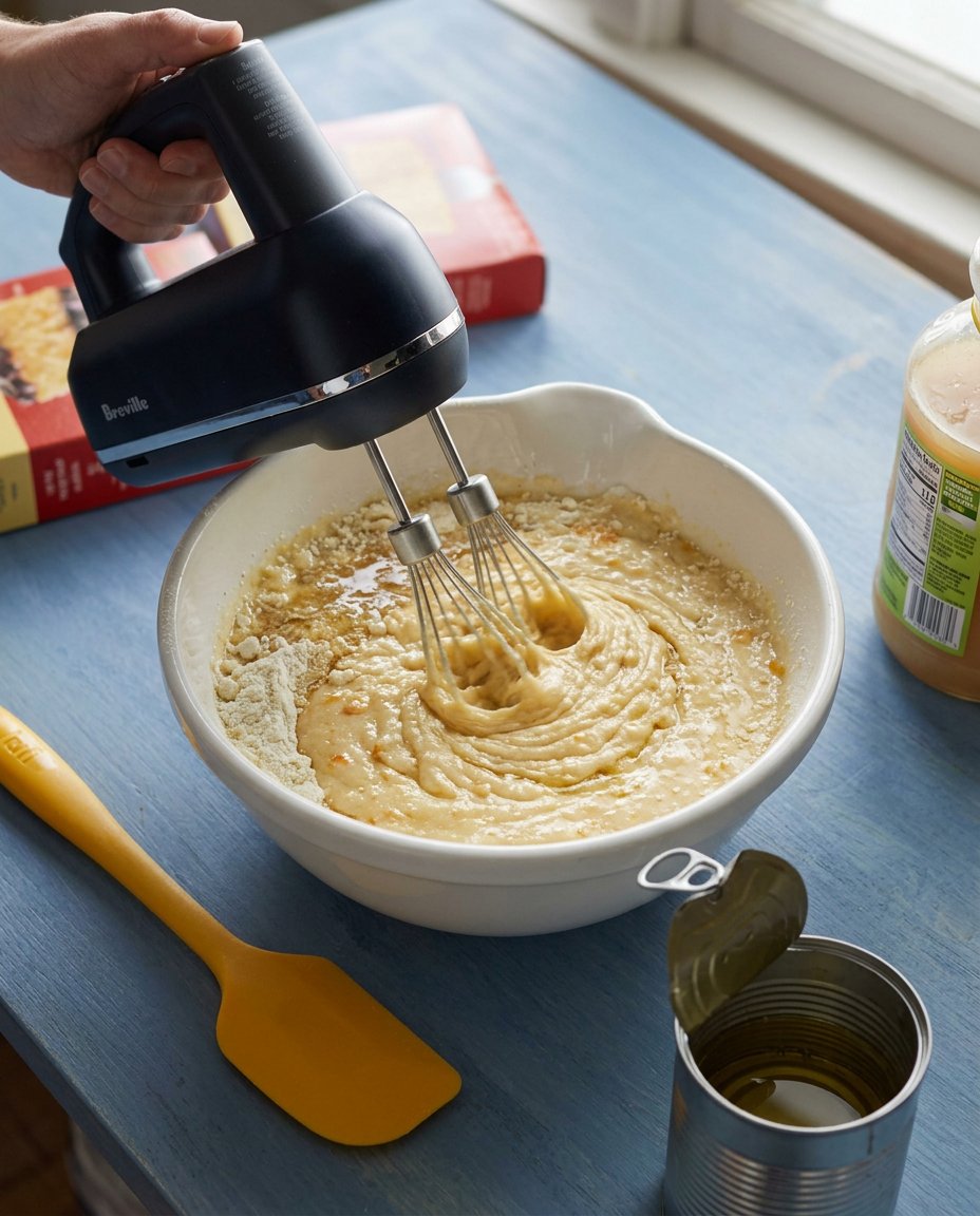 Folding whipped topping into pineapple and pudding mix with a spatula.