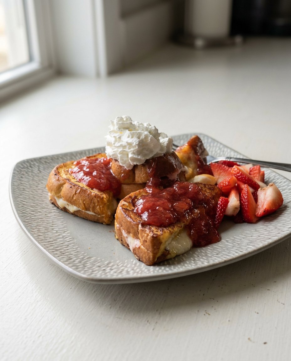 Bowls of fresh strawberries and cream cheese on a wooden table