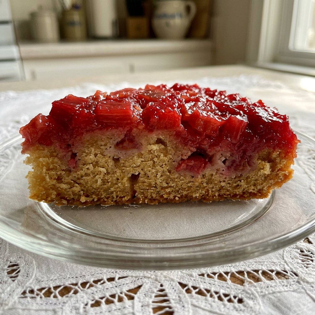 Strawberry Rhubarb Cake 2 12 Freshly chopped strawberries and bright green and red rhubarb stalks on a white marble board.