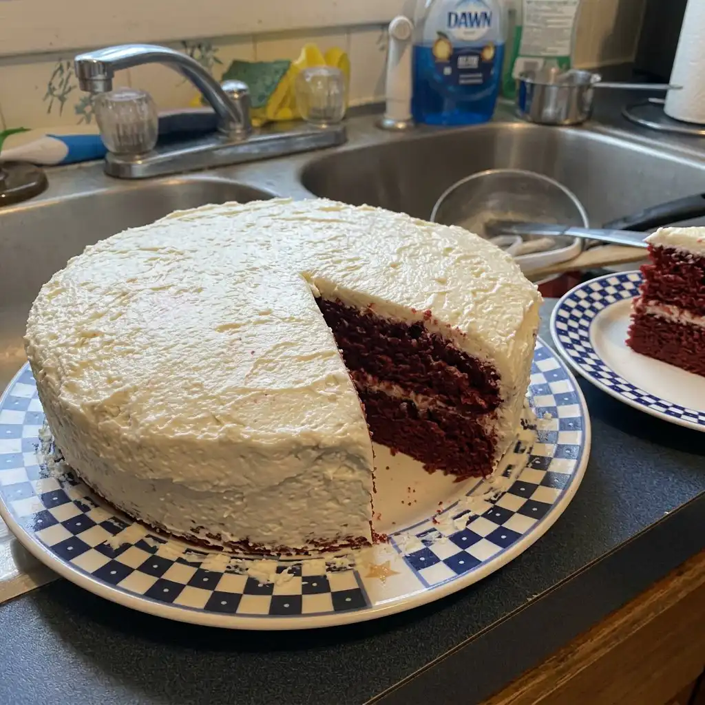 A three layer red cake with thick cream cheese frosting and pecans.
