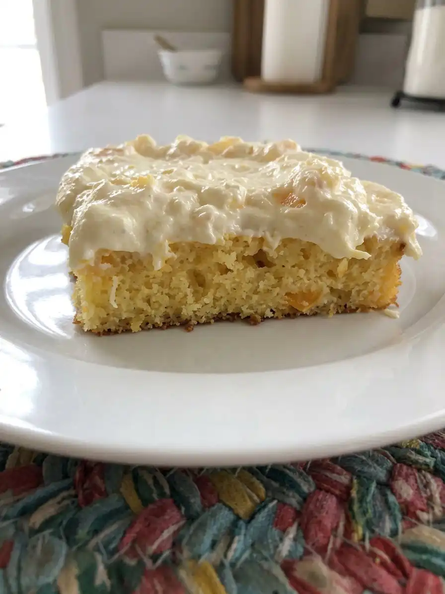 Spreading pineapple pudding frosting over a cooled orange cake