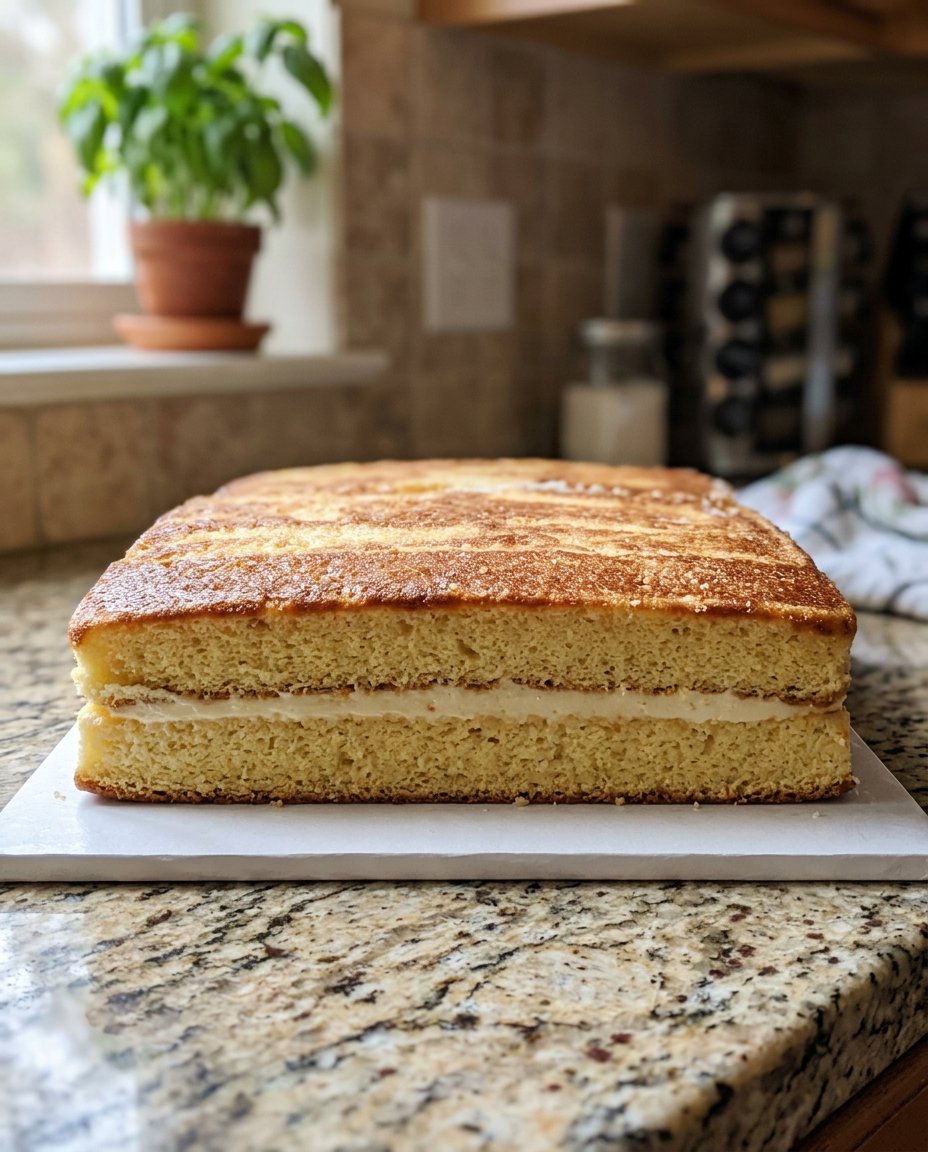 Close up of a hand using a spatula to apply stiff white frosting to the side of a rectangular cake