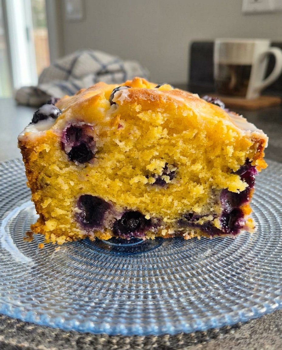 A person smoothing lemon cream cheese frosting onto a three layer blueberry cake