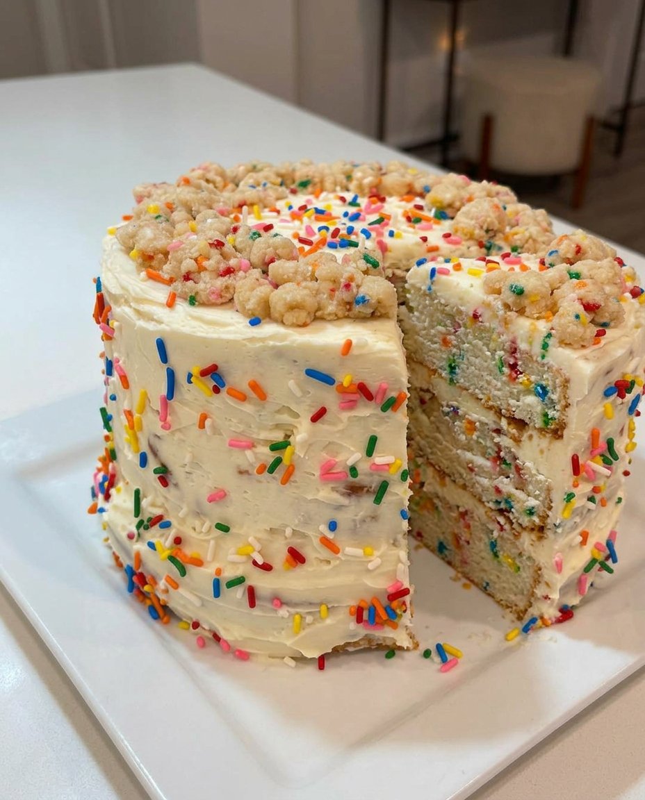 A close up shot of a sliced funfetti cake showing the suspended sprinkles and soft crumb.