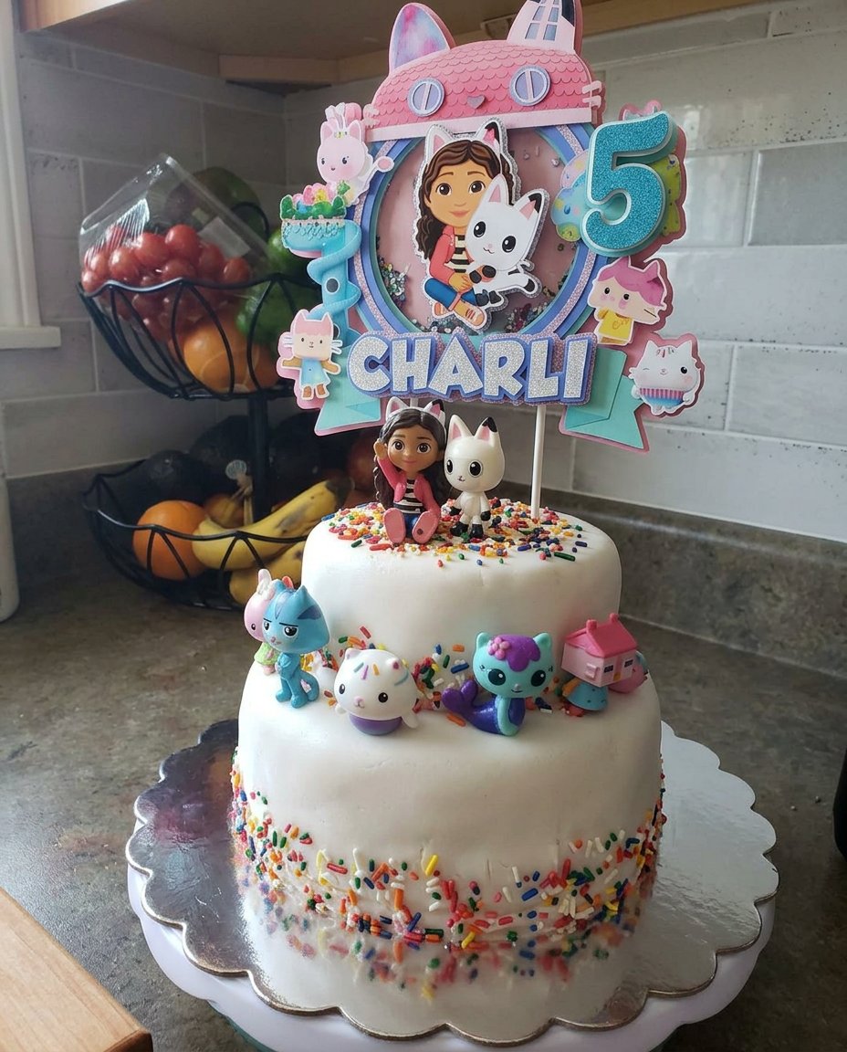 A colorful and vibrant Gabbys Dollhouse Cake with pink frosting and sprinkles