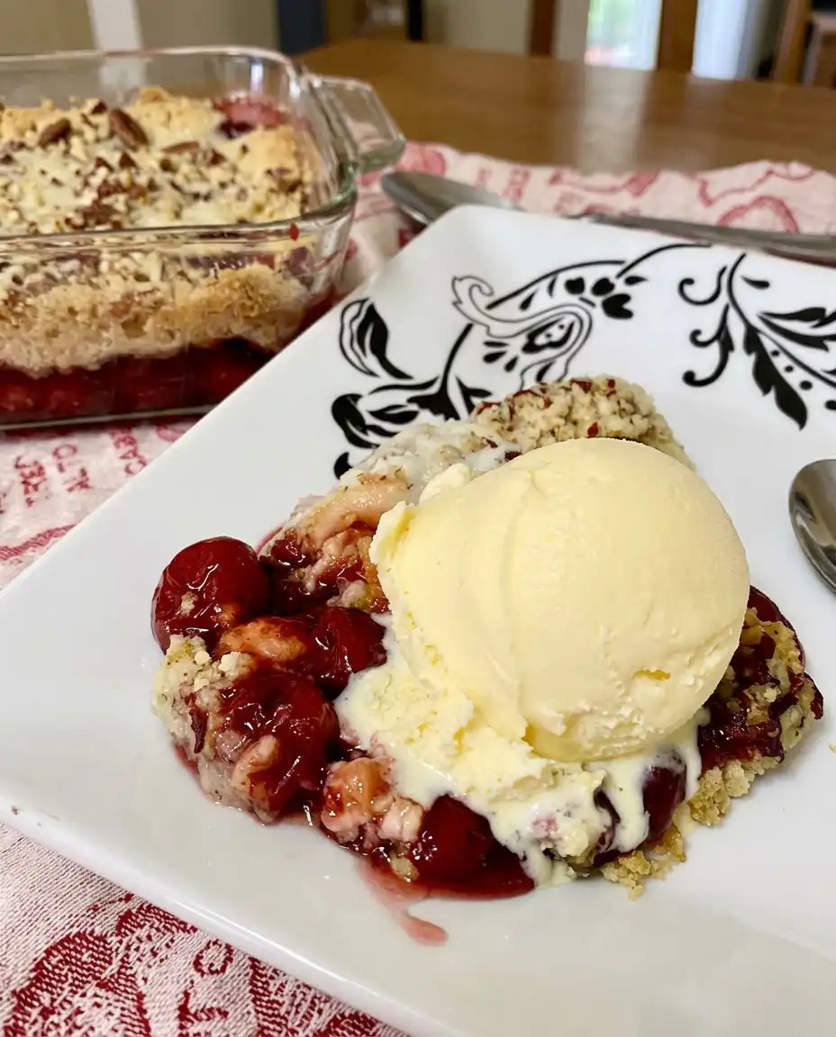 Close up of the buttery pecan crust on a cherry dump cake