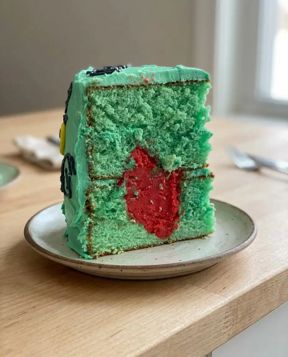 Grinch Cake 12 Bowls of vibrant green and red cake batter with professional gel coloring.