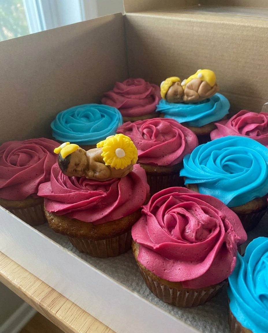 A close up of handcrafted edible cake toppers made of chocolate wafers standing on a cake.