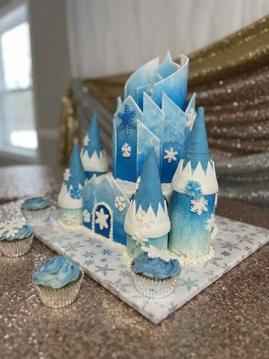 Translucent blue sugar glass shards shaped like castle walls