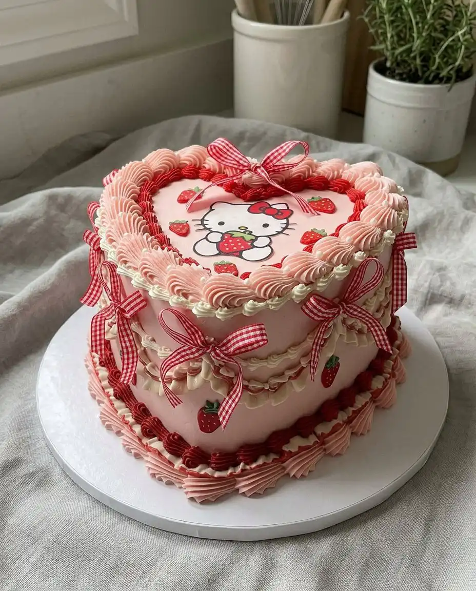 Vertical slices of Hello Kitty cake showing the pink and white marbled interior.
