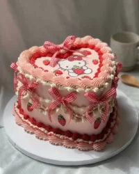 A Hello Kitty shaped cake showing a precise crumb structure and pink marble interior.