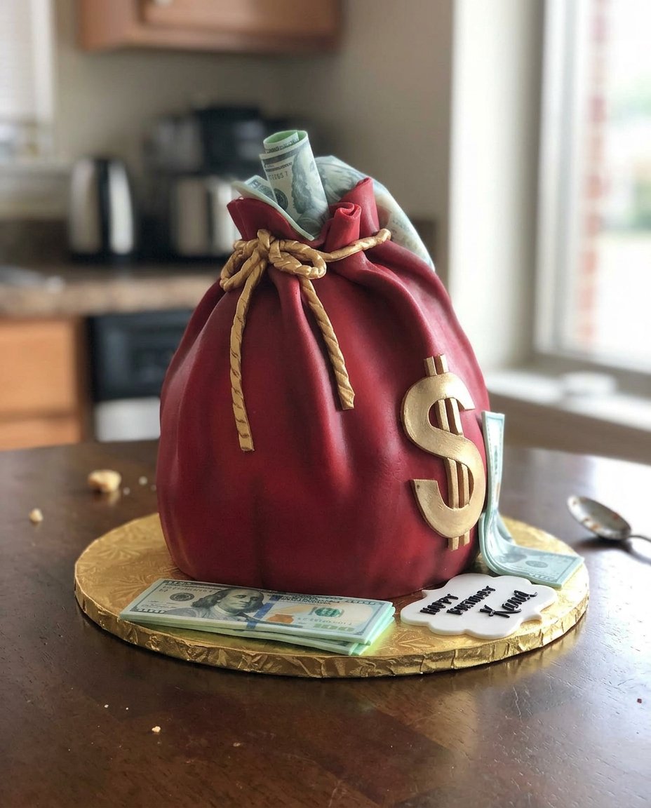 A three layer chocolate cake with peanut butter frosting and money being pulled from the center