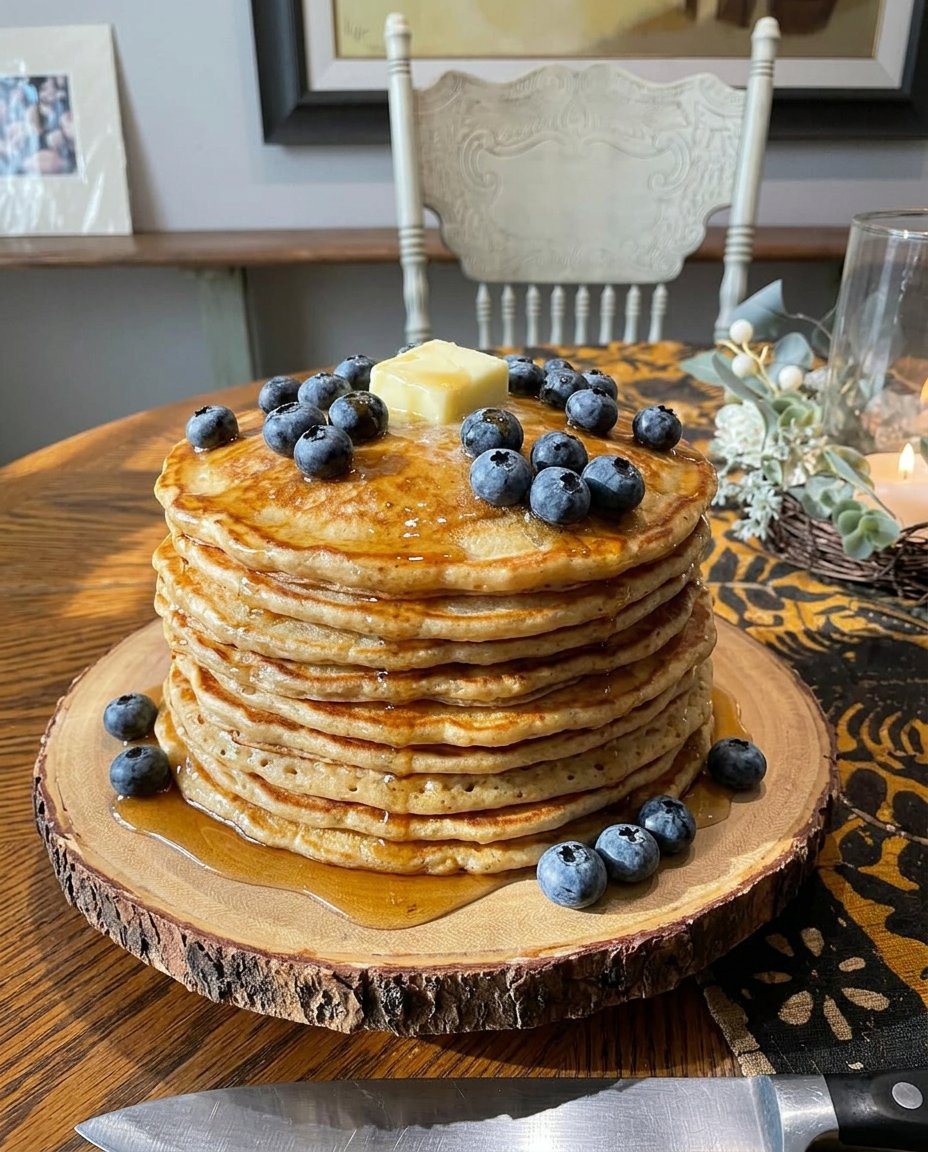 A hyperrealistic cake shaped like a stack of pancakes with maple syrup and blueberries