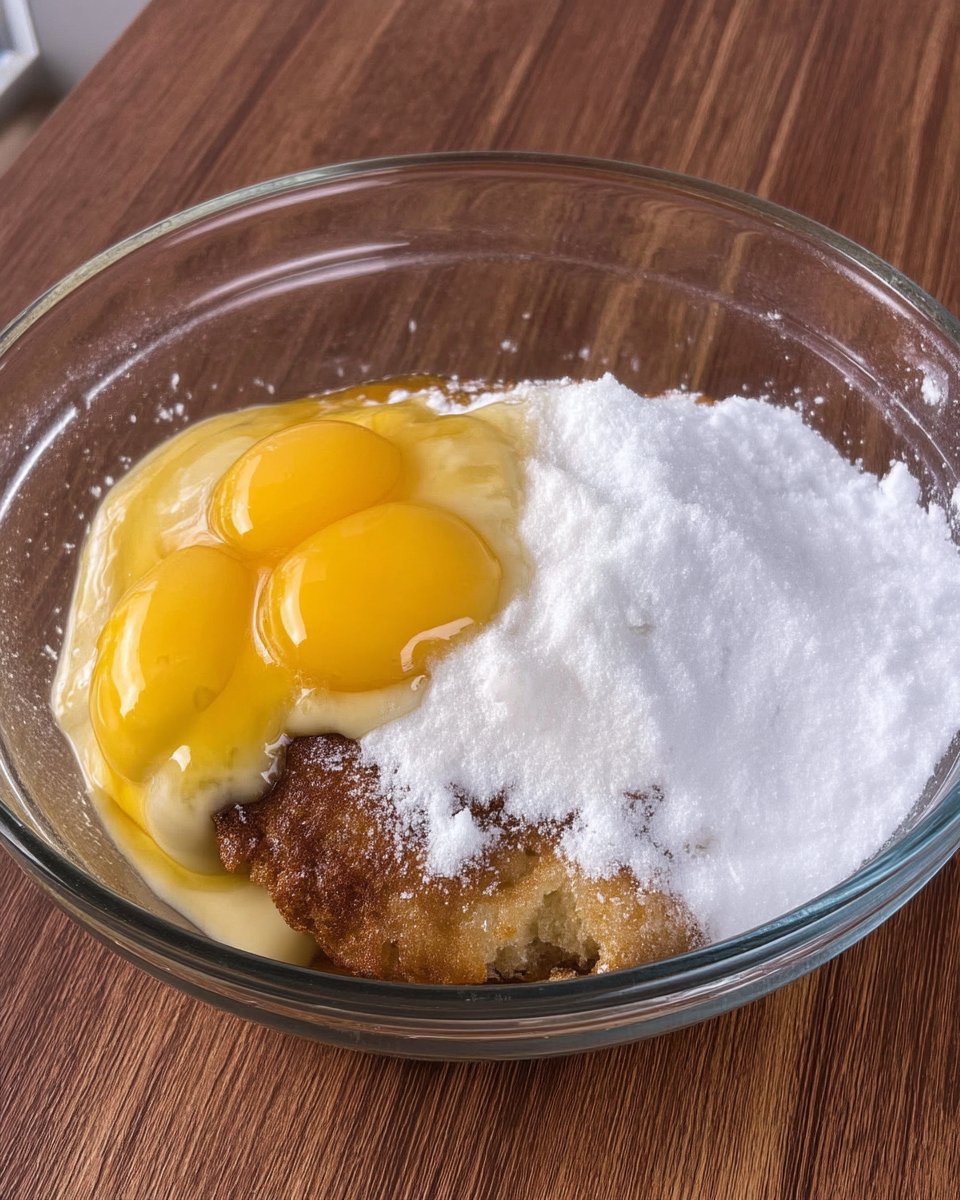 Ingredients for butter cake including flour, eggs, butter, and cream cheese arranged on a rustic wooden table.