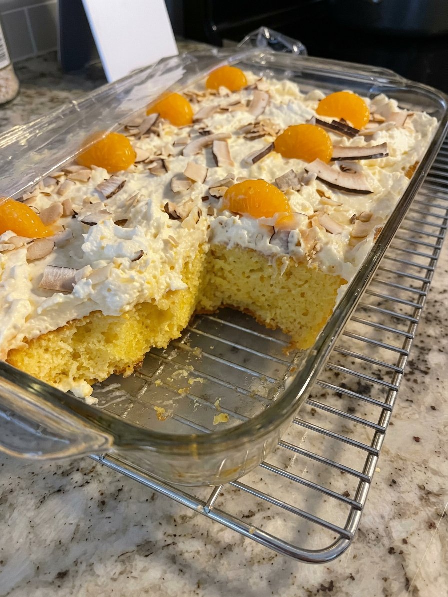 Cans of mandarin oranges, crushed pineapple, yellow cake mix and eggs on a counter