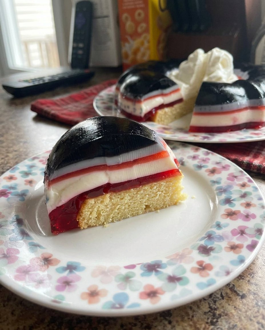 Ingredients for jello cake including red gelatin powder, strawberries, and condensed milk