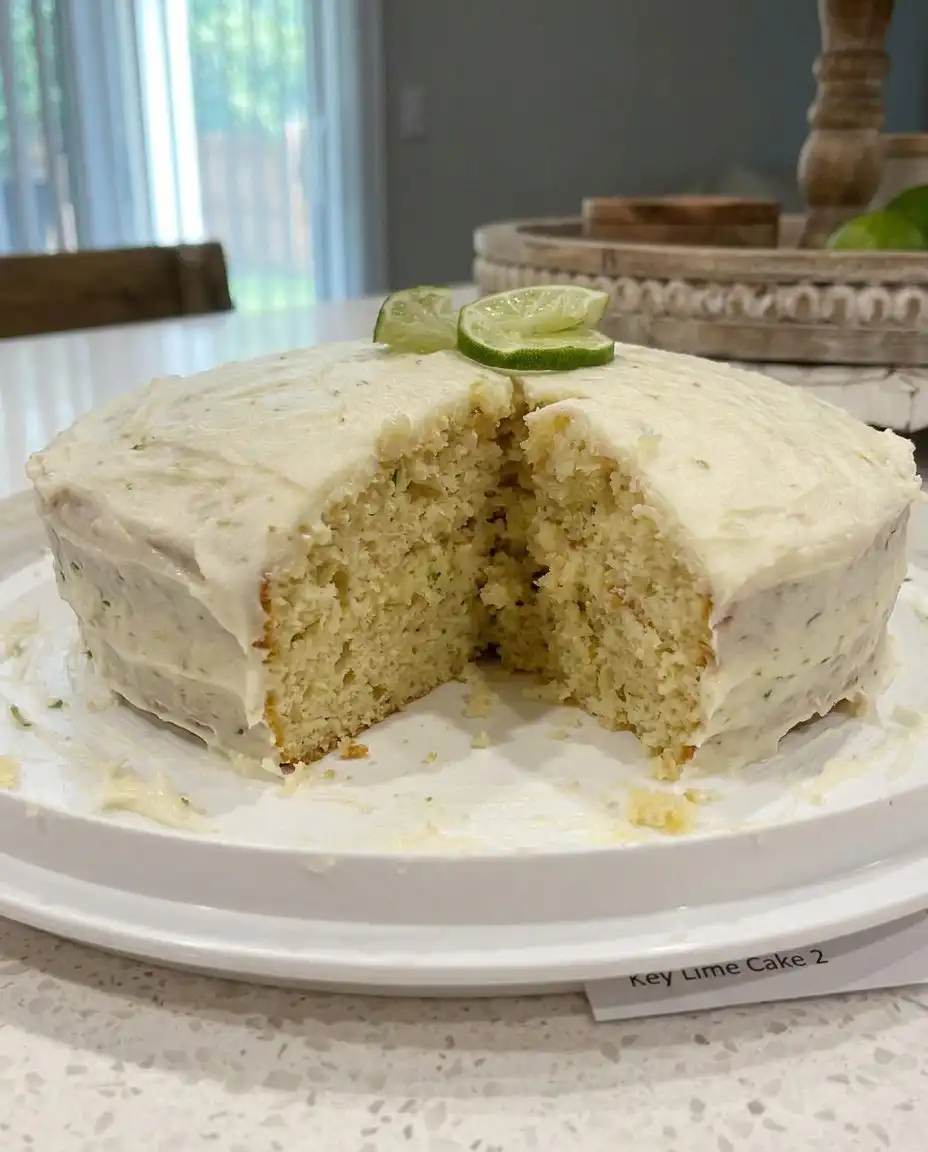 Key Lime Cake 2 10 A close up shot of a slice of Key Lime Cake 2 showing the delicate green crumb and smooth cream cheese frosting.