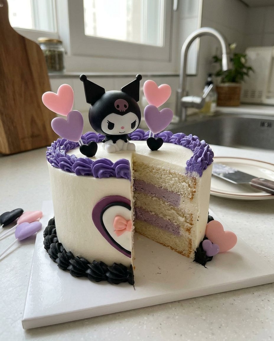Kuromi cake design on a light and fluffy sponge cake base