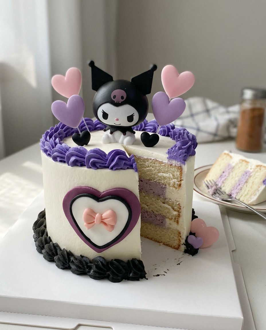 A slice of Kuromi cake design served with fresh berries