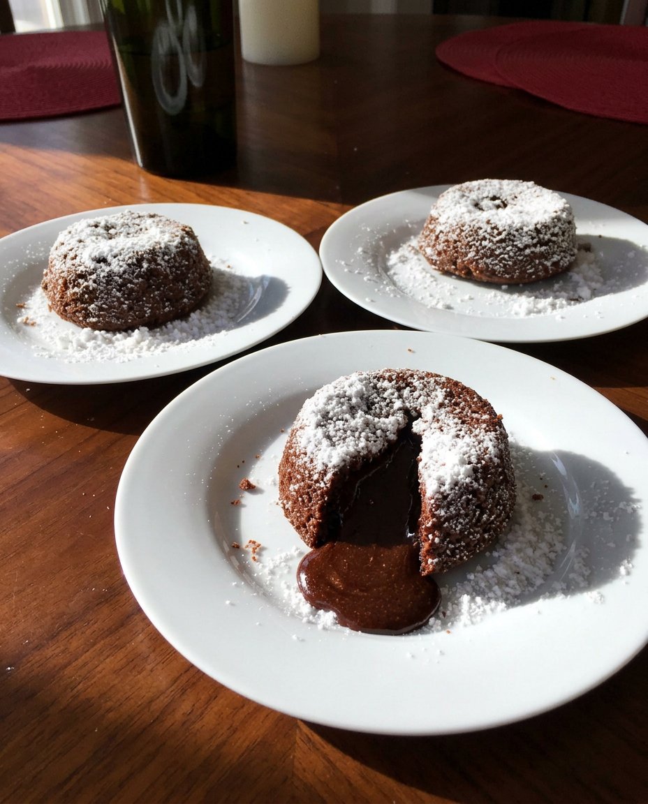 A close up of a lava cake cut open with molten chocolate flowing out