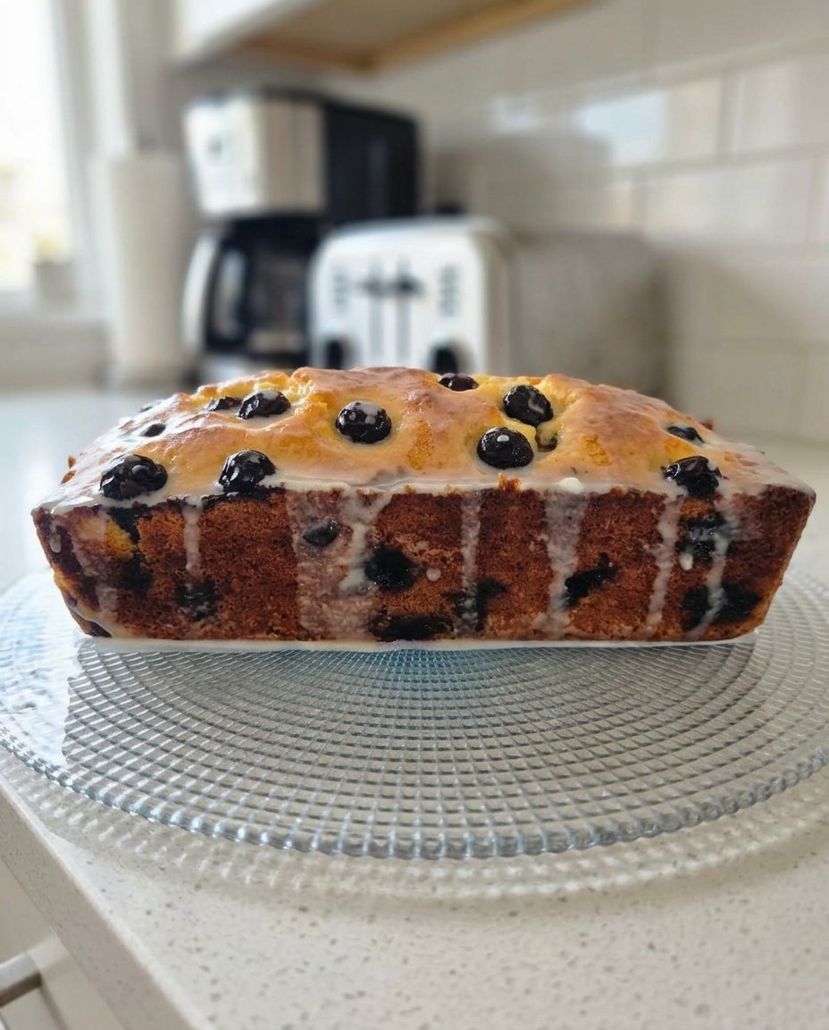A slice of lemon blueberry cake served on a plate next to a cup of Turkish coffee