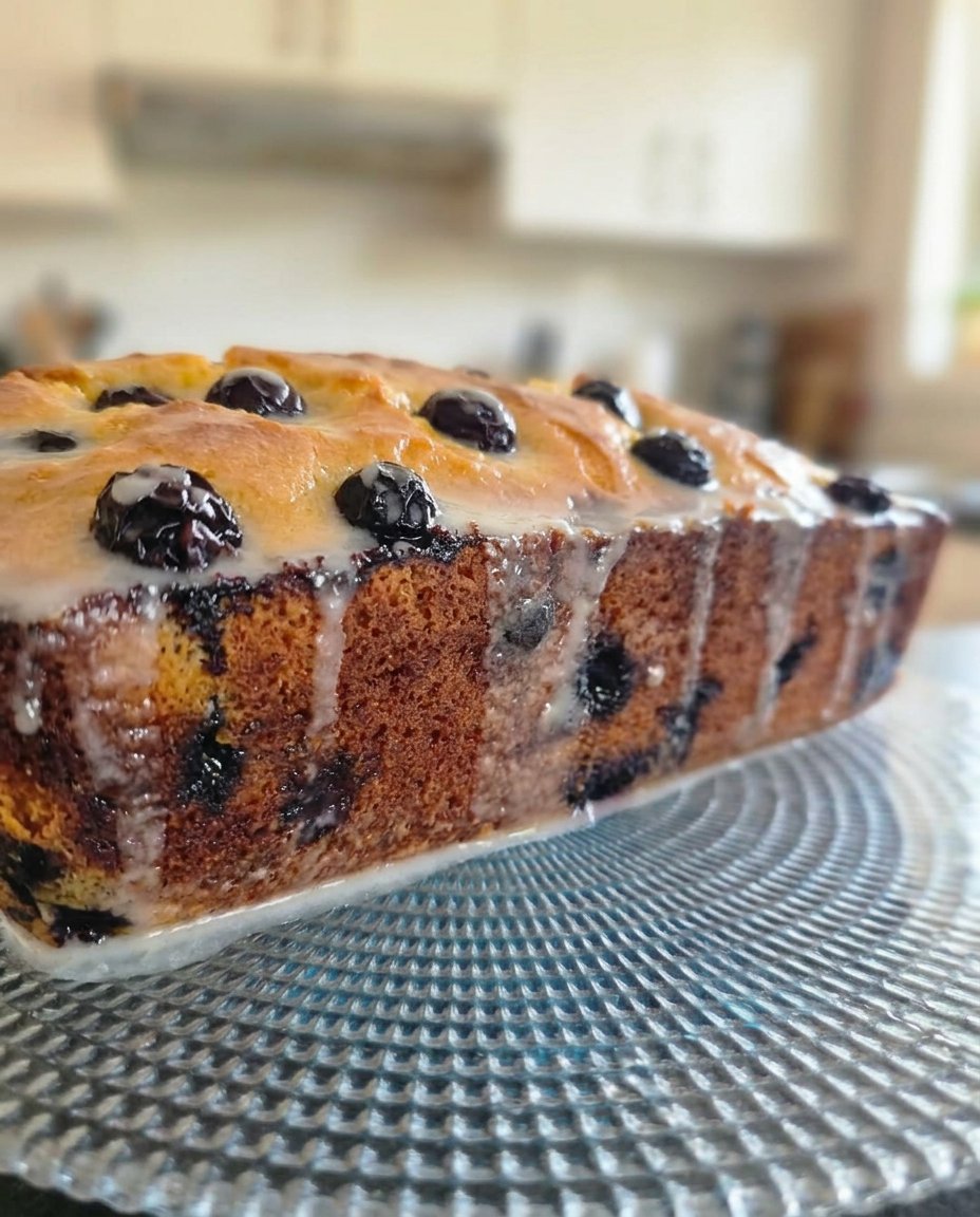 A close up shot showing the moist crumb and bursting blueberries of a lemon blueberry cake