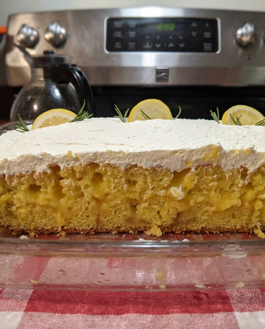 A slice of lemon poke cake on a decorative plate next to a cup of coffee