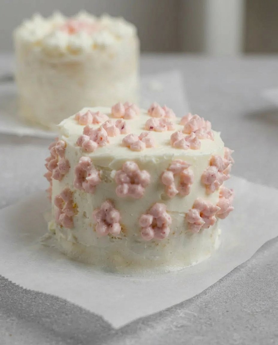 A close up shot of a perfectly layered lunch box cake with white whipped cream and vanilla sponge