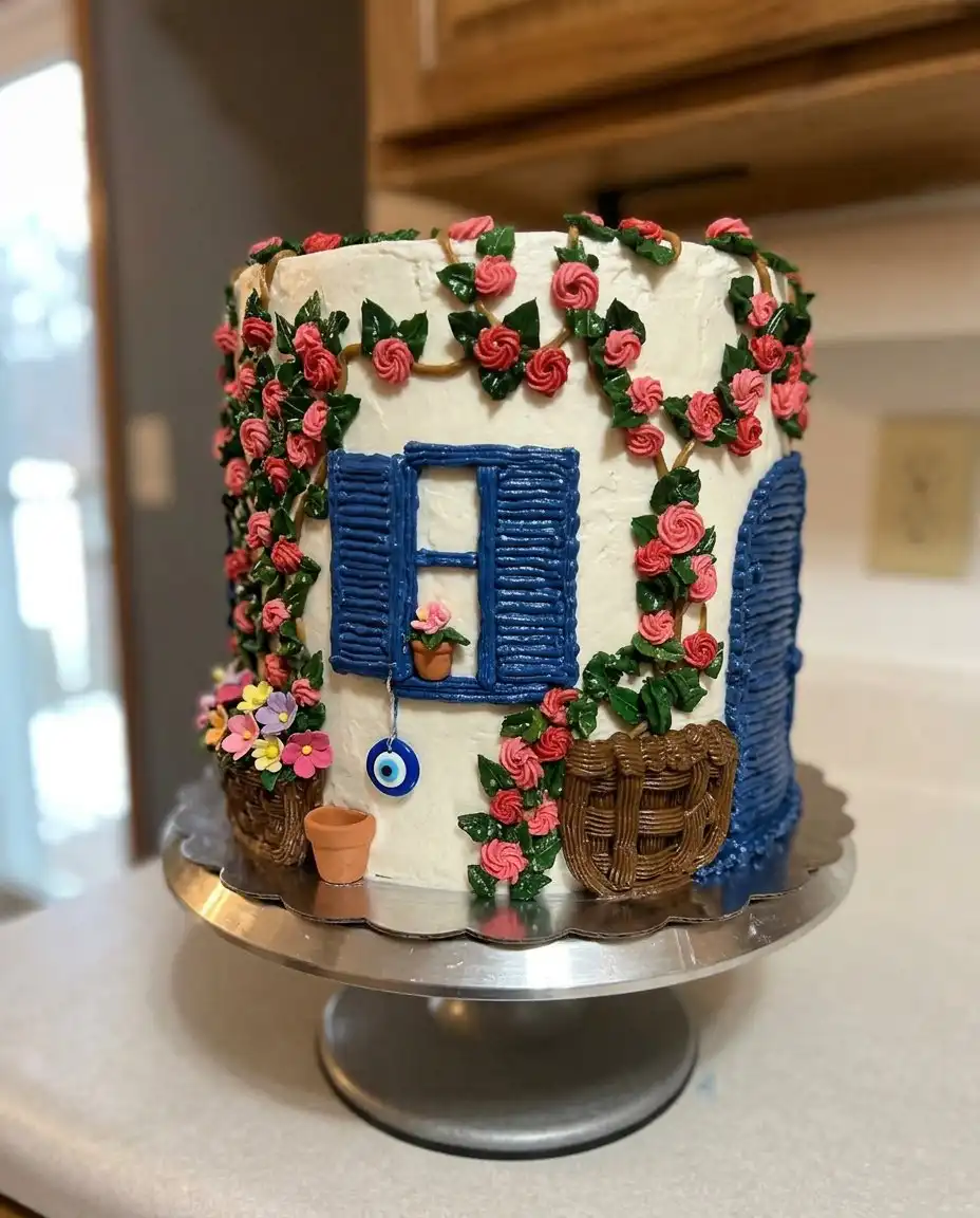 Mamma Mia Cake 14 A whole Mamma Mia Cake with white frosting sitting on a glass cake stand